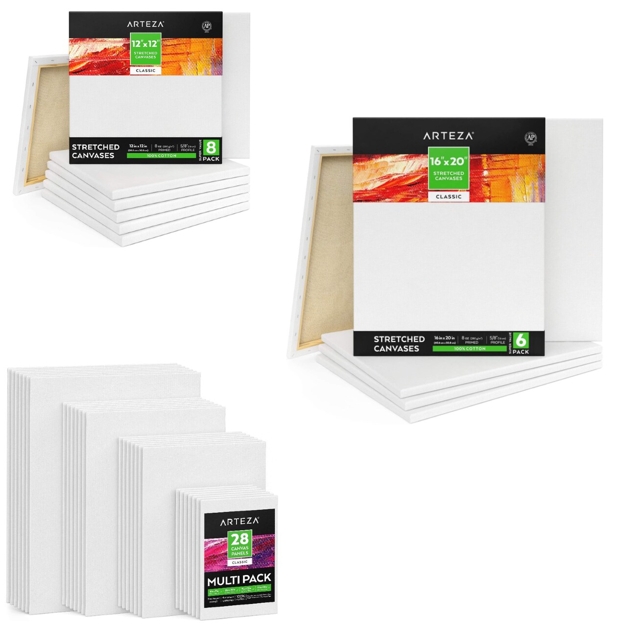 Arteza Canvas Value Pack, Stretched and Panels, 6 Sizes - 42 Pack